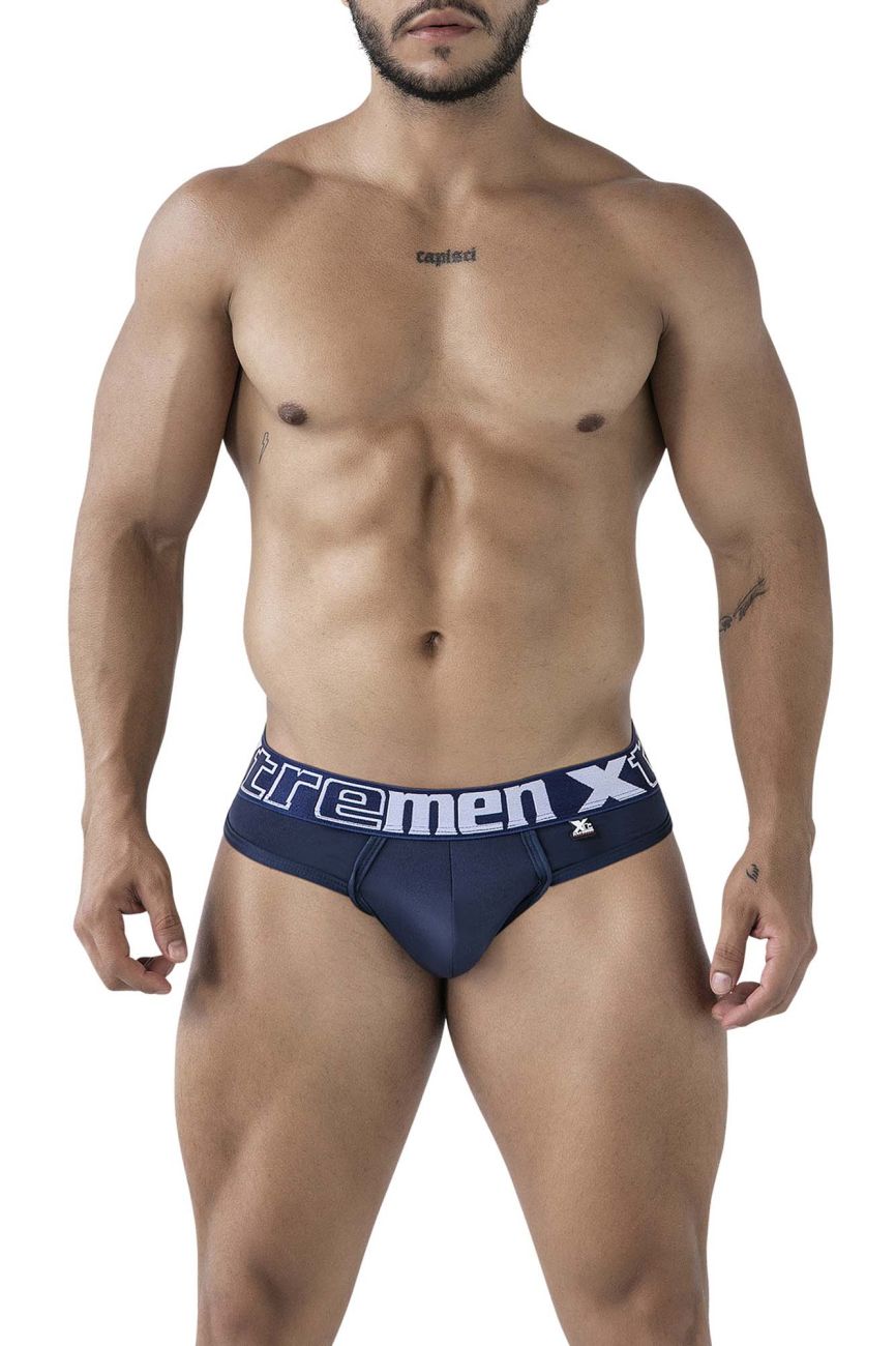Navy microfiber men’s briefs with white and gray extremen x branding on the waistband, xtremen 91208b color navy