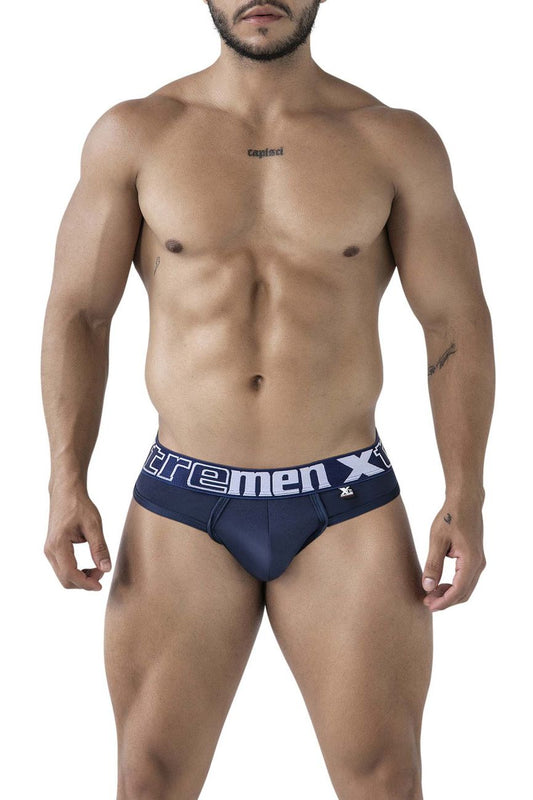 Navy microfiber men’s briefs with white and gray extremen x branding on the waistband, xtremen 91208b color navy