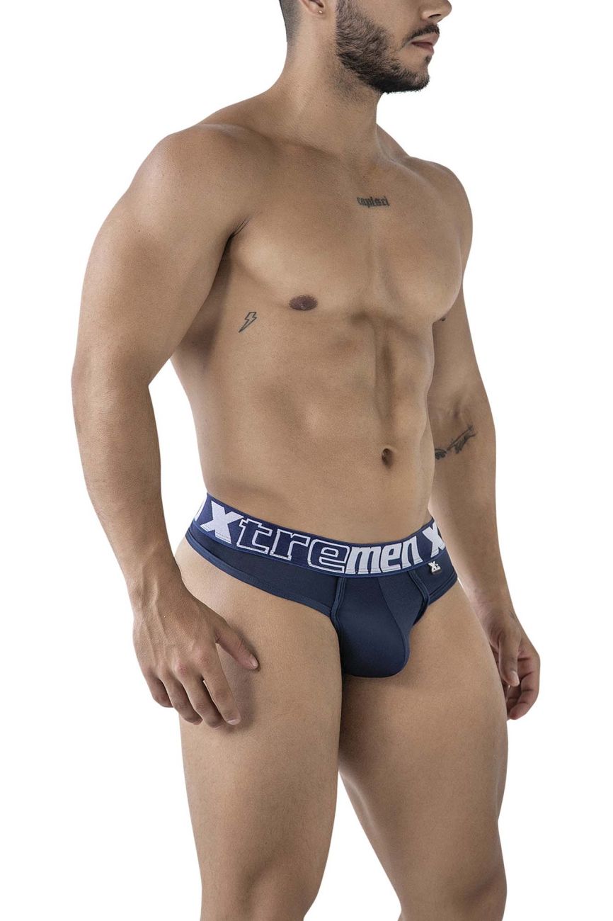 Navy blue Xtremen 91208B microfiber men’s briefs with white waistband lettering showing the back side