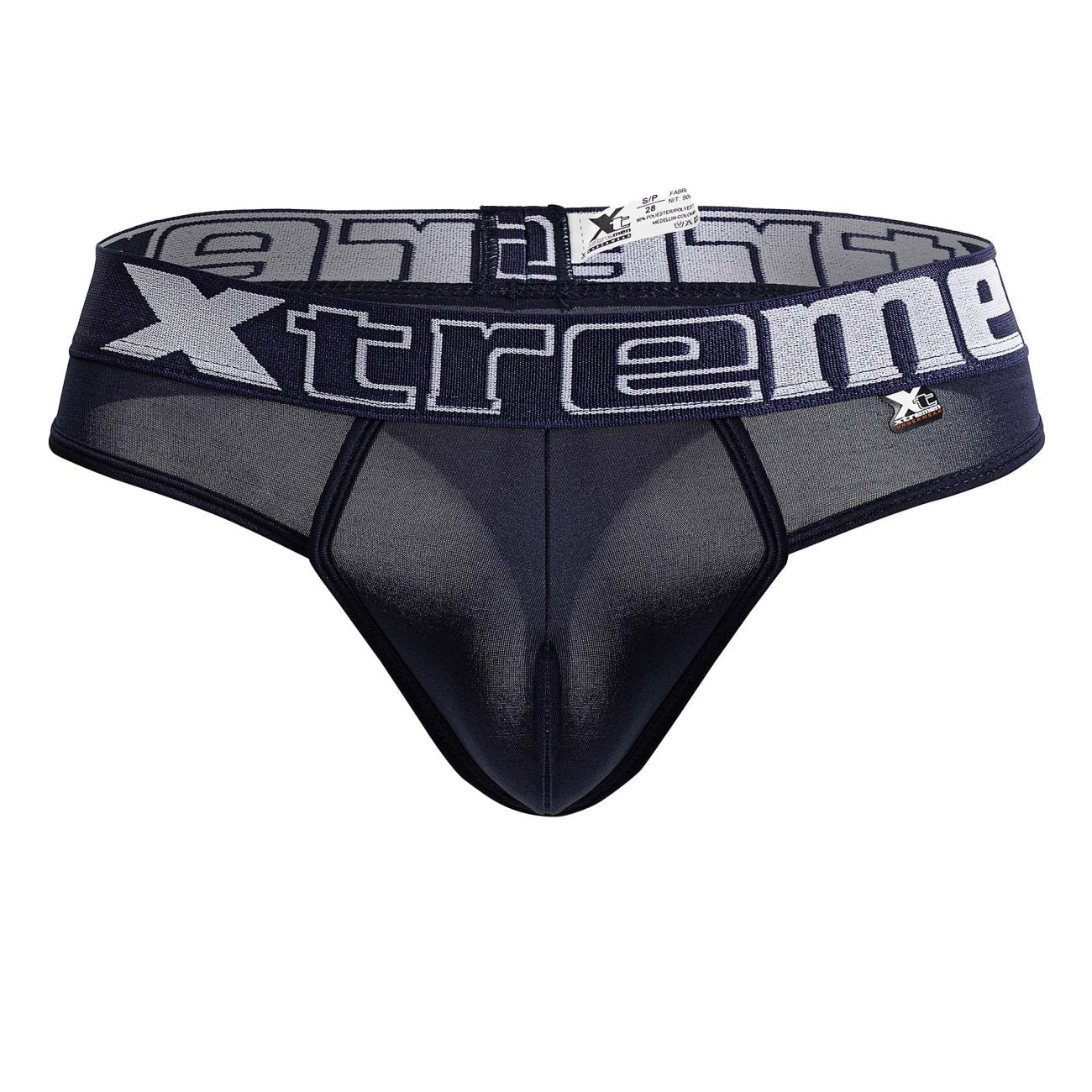 Black and gray mesh briefs with bold xtreme logo on waistband microfiber thongs color navy front view