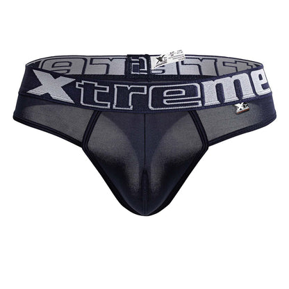 Black and gray mesh briefs with bold xtreme logo on waistband microfiber thongs color navy front view