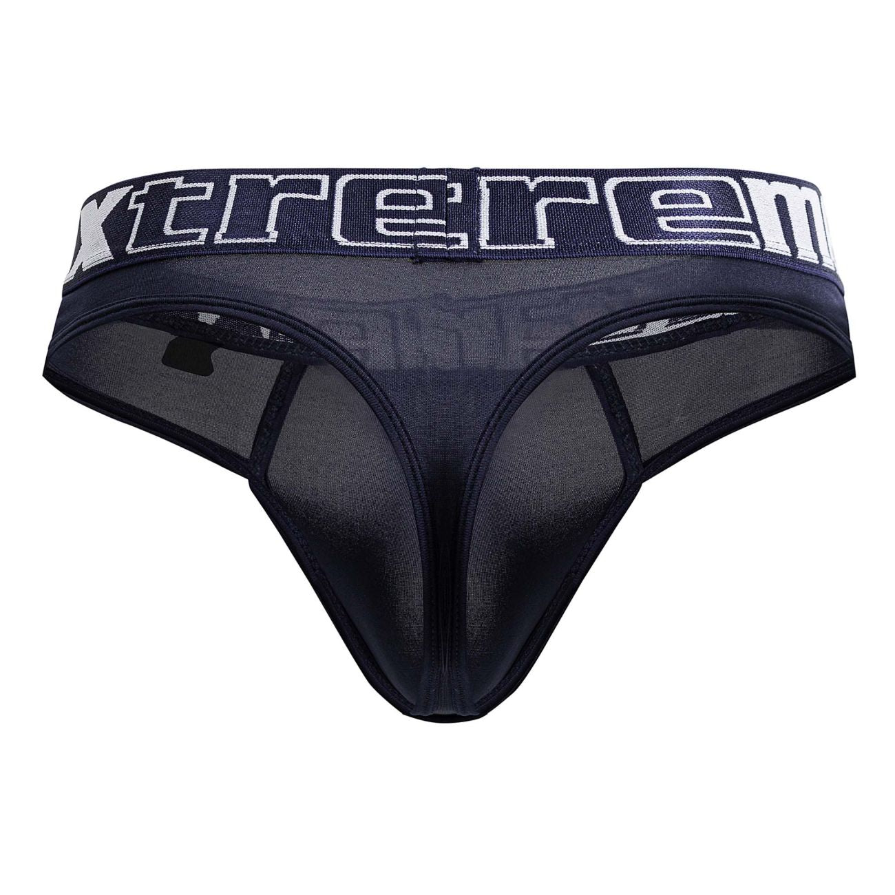 Black sheer mesh thong with wide waistband featuring xtreme branding in white navy microfiber xtremen 91208b thong