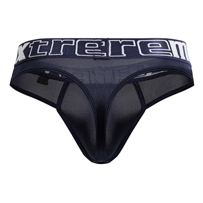 Black sheer mesh thong with wide waistband featuring xtreme branding in white navy microfiber xtremen 91208b thong