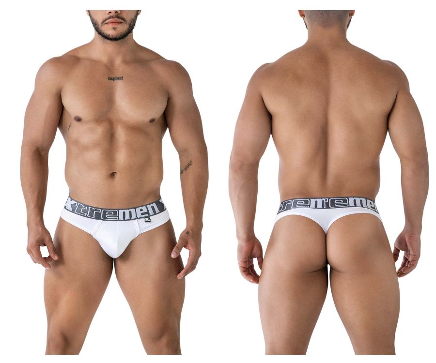 White Xtremen 91208B microfiber briefs with a gray elastic waistband featuring bold Xtremen branding