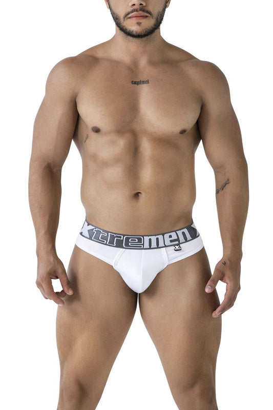 White xtremen 91208b microfiber briefs with gray elastic waistband featuring black xtremen logo lettering