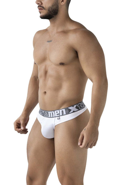 White xtremen 91208b microfiber thongs with gray waistband featuring xtreme brand logo front view