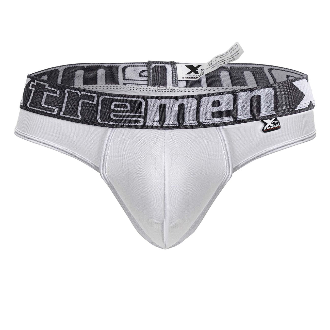 White xtremen 91208b microfiber thongs with gray and black elastic waistband featuring tremen logo in bold lettering