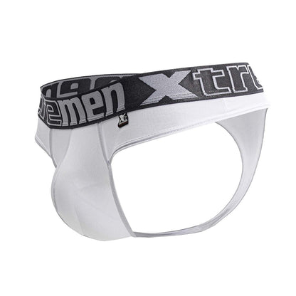White xtremen 91208b microfiber briefs with black waistband gray xtreme branding and xp logo tag