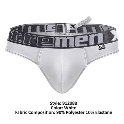 White men’s microfiber briefs with black and gray elastic waistband featuring xtremen logo in bold lettering