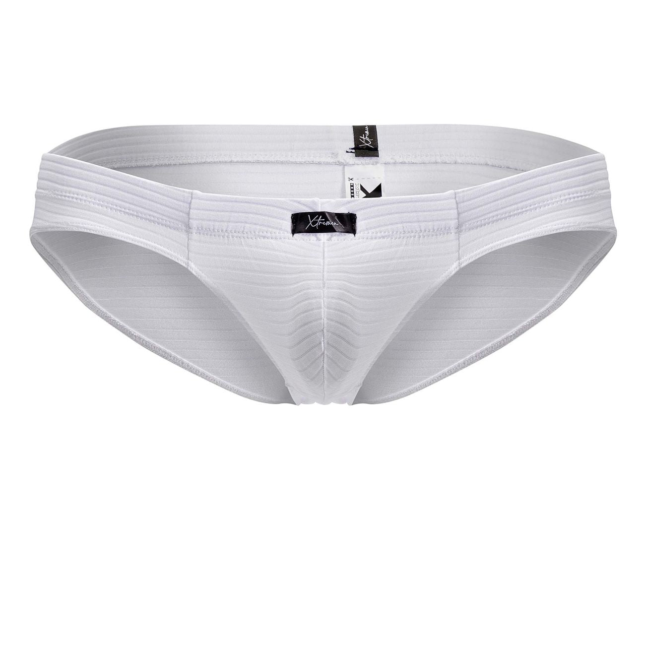 White Xtremen 91210B microfiber briefs with ribbed cotton fabric and sleek contoured design with black brand tags