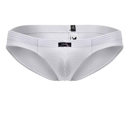 White Xtremen 91210B microfiber briefs with ribbed cotton fabric and sleek contoured design with black brand tags