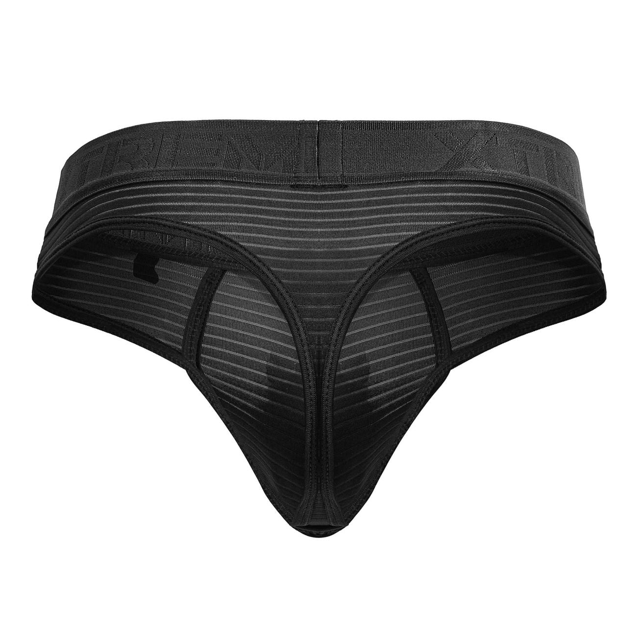 Xtremen 91211b black microfiber thong with a striped black mesh pattern and elastic waistband shown from the back