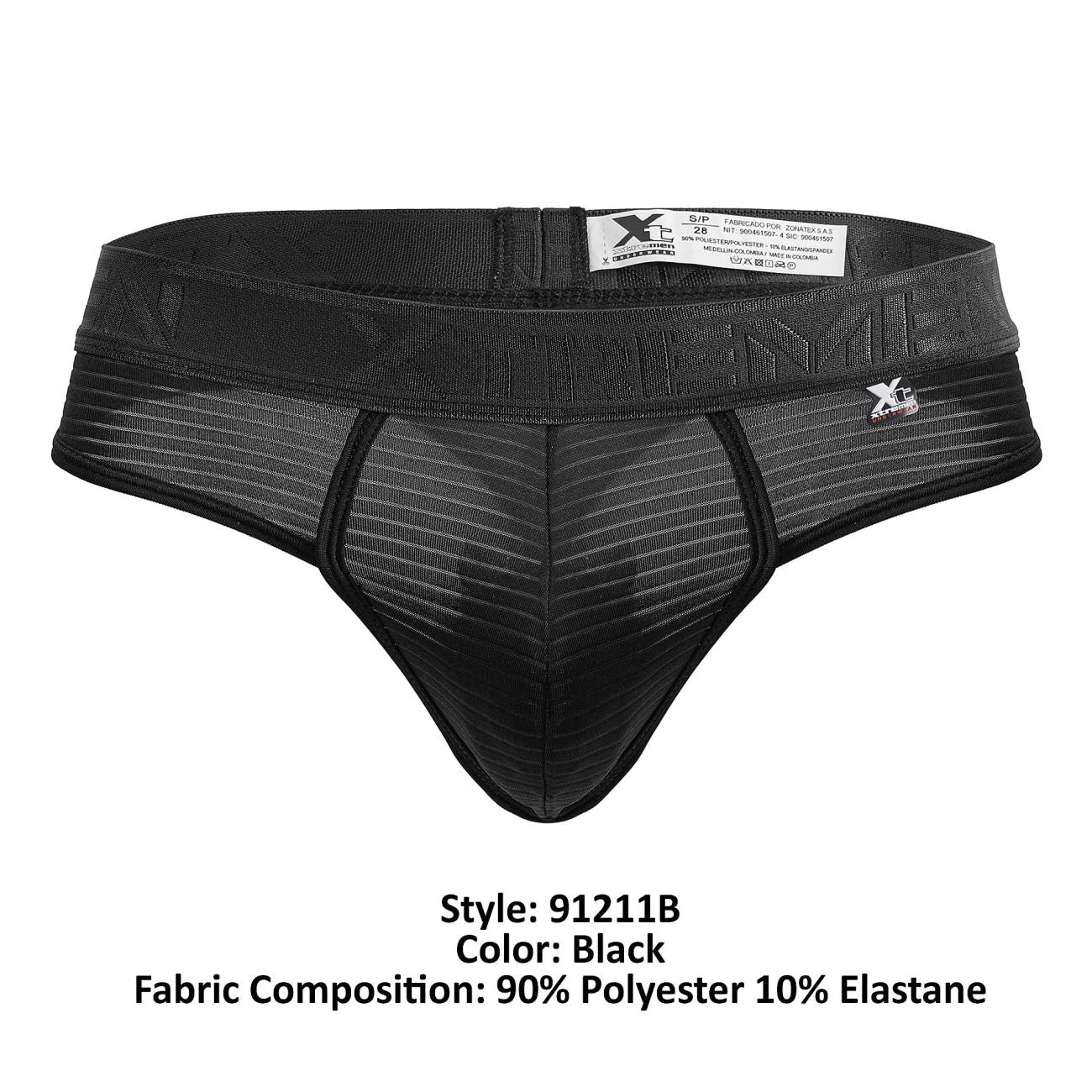 Black mesh briefs with a ribbed texture and elastic waistband featuring Xtremen logo in black microfiber material