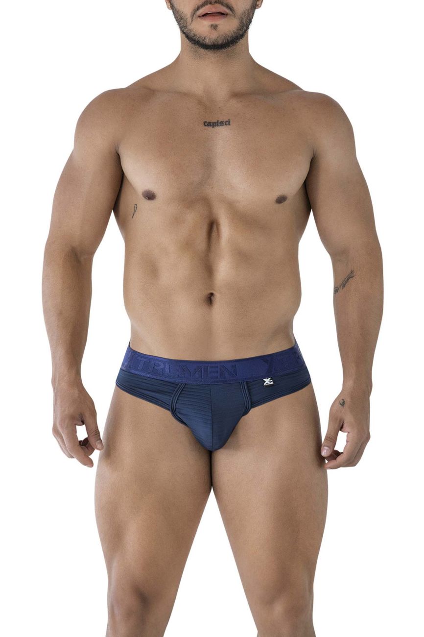 Navy blue Xtremen 91211B microfiber men’s briefs with darker navy waistband featuring brand name and logo
