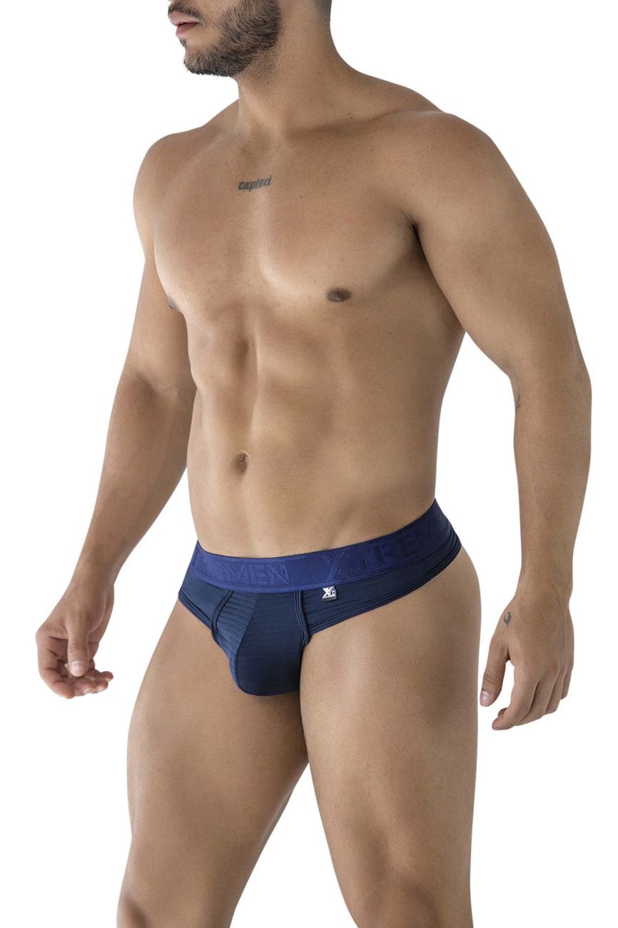 Navy blue xtremen 91211b microfiber men’s briefs with matching waistband and small white front logo