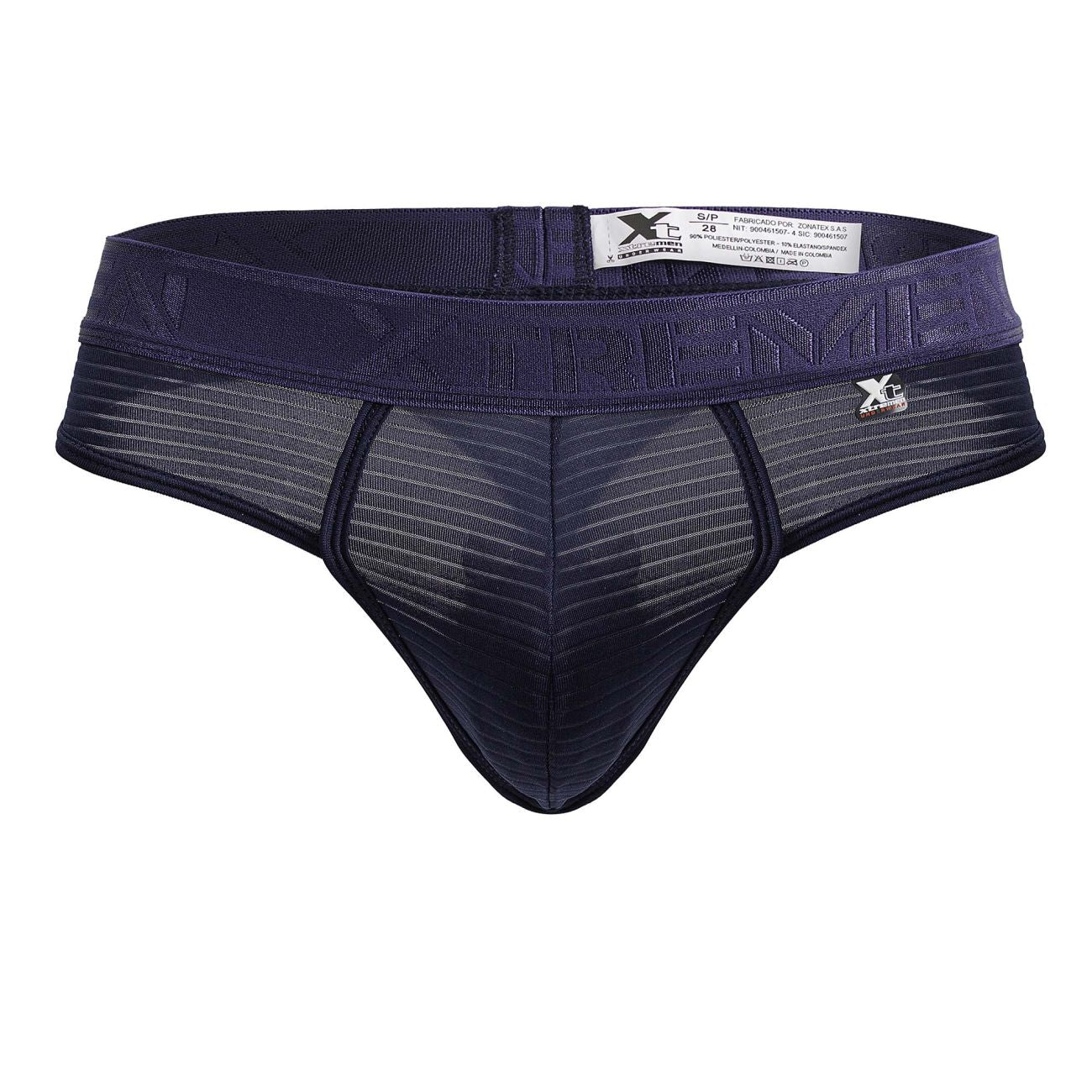 Dark navy blue xtremen 91211b microfiber men’s thong with mesh design and elastic waistband front view