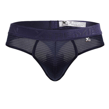 Dark navy blue xtremen 91211b microfiber men’s thong with mesh design and elastic waistband front view