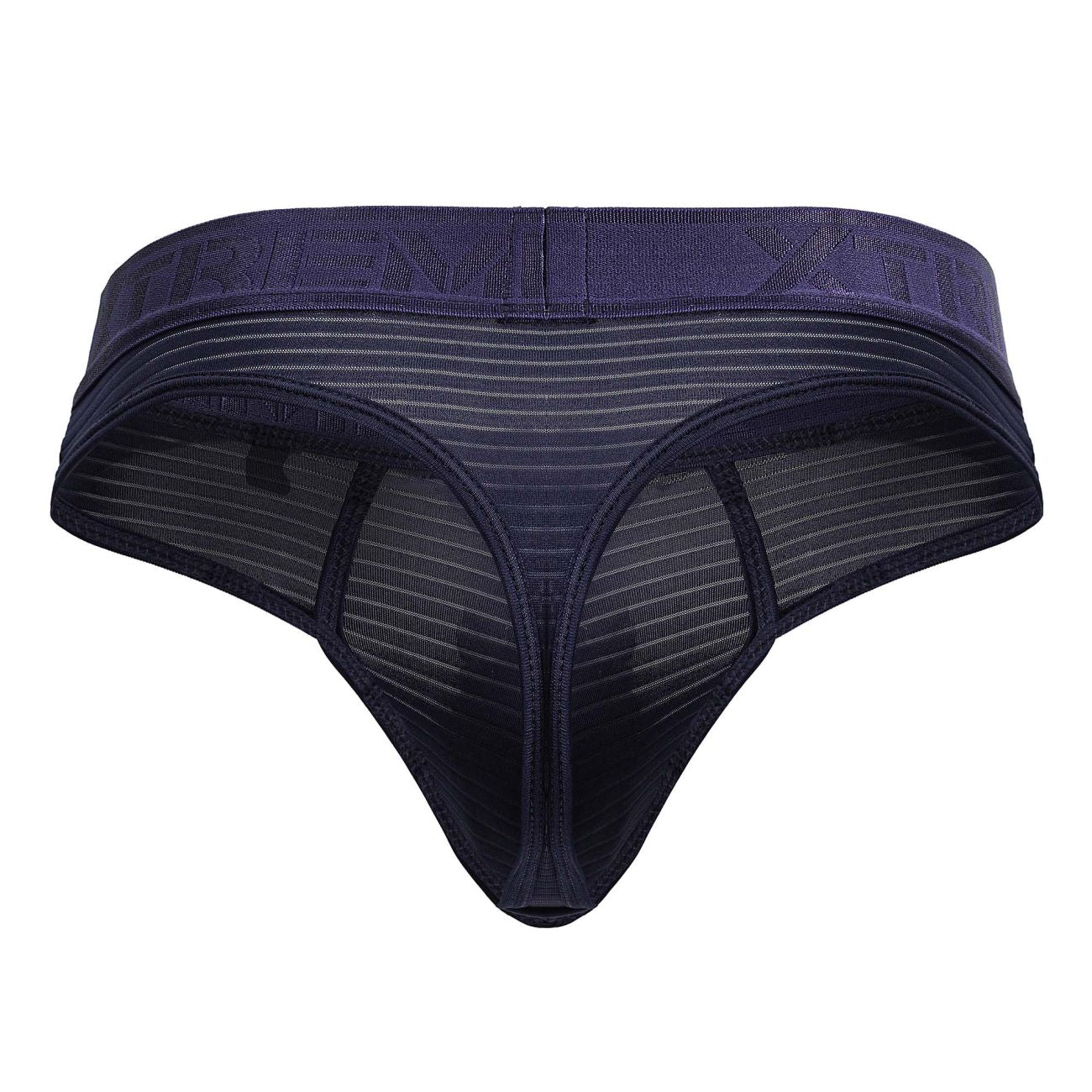Dark blue xtremen 91211b microfiber thong with mesh fabric solid waistband and subtle vertical stripes