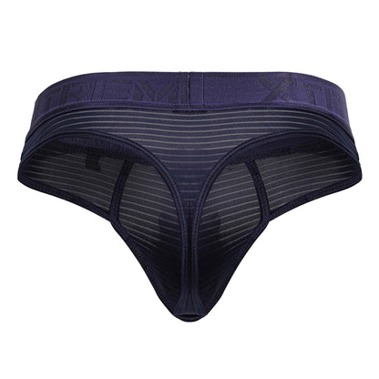 Dark blue xtremen 91211b microfiber thong with mesh fabric solid waistband and subtle vertical stripes