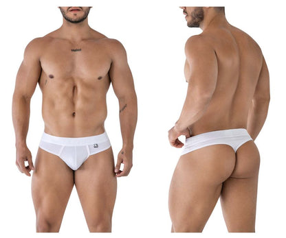 White xtremen 91211b microfiber thong briefs with textured front panel and small logo on waistband