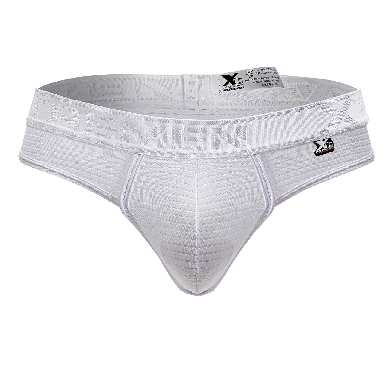 White xtremen 91211b microfiber thongs with ribbed fabric and elastic waistband featuring brand logo