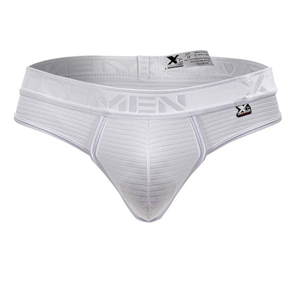 White xtremen 91211b microfiber thongs with ribbed fabric and elastic waistband featuring brand logo
