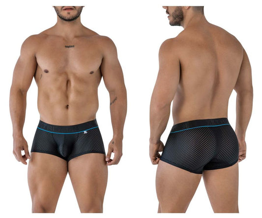 Black Xtremen 91212B microfiber trunks with breathable mesh fabric and blue trim featuring brand logo waistband