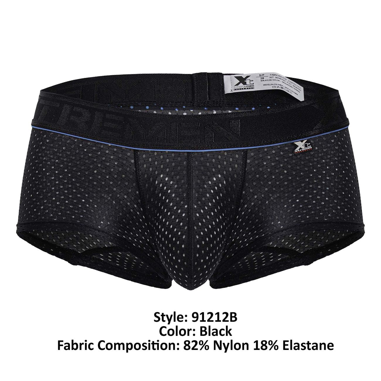 Black xtremen 91212b microfiber trunks with mesh fabric and subtle blue trim on waistband featuring small x logo