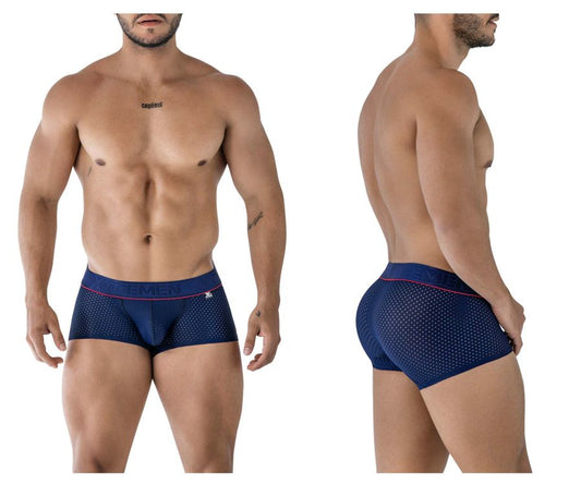 Navy blue mesh Xtremen 91212b microfiber trunks with pink trim and subtle logo on the waistband