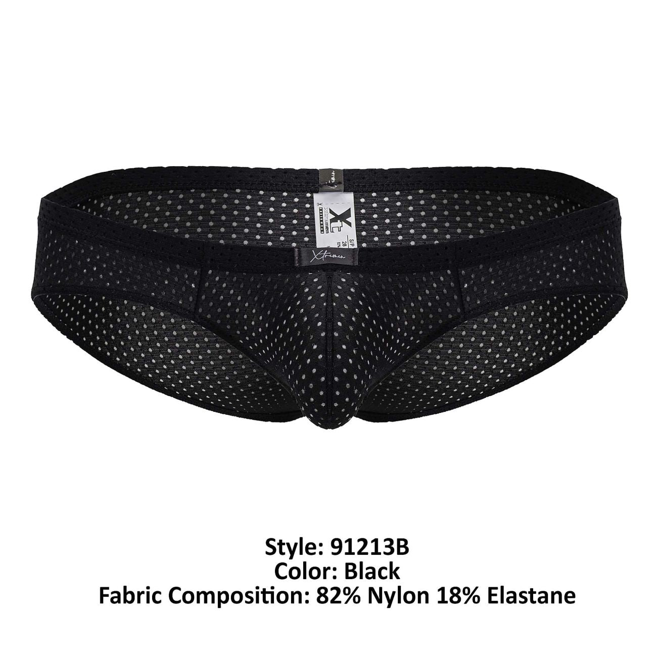 Xtremen 91213B microfiber black briefs with black mesh, subtle white dot pattern, and elastic waistband