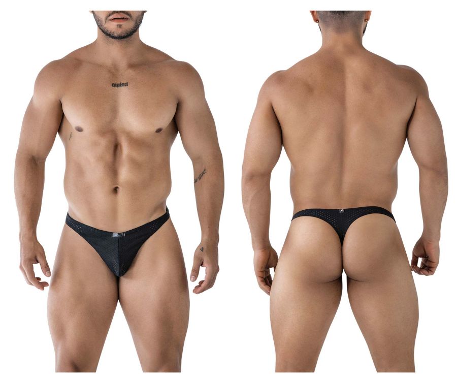 Black xtremen 91214b microfiber thong with mesh fabric and small logo on front and back side