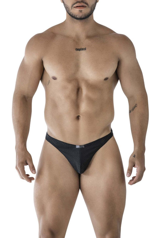 Black Xtremen 91214B microfiber thongs with subtle textured mesh pattern and small brand logo on waistband