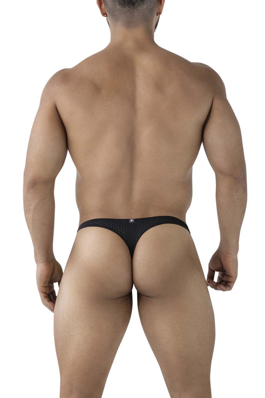 Back side of xtremen 91214b black microfiber thong with perforated mesh and small logo on backband