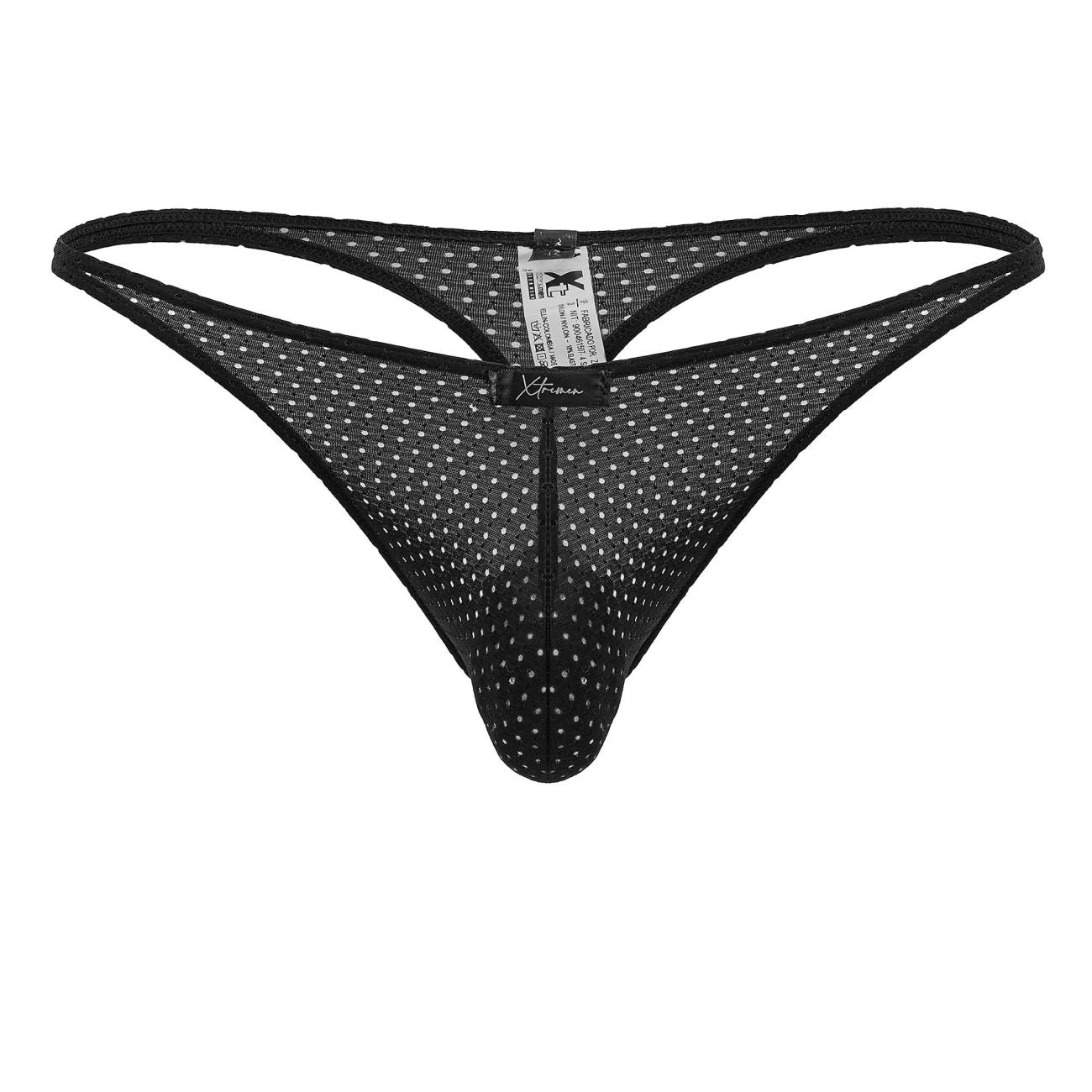 Xtremen 91214b black microfiber thong with white polka dots mesh fabric and central zipper detail front view