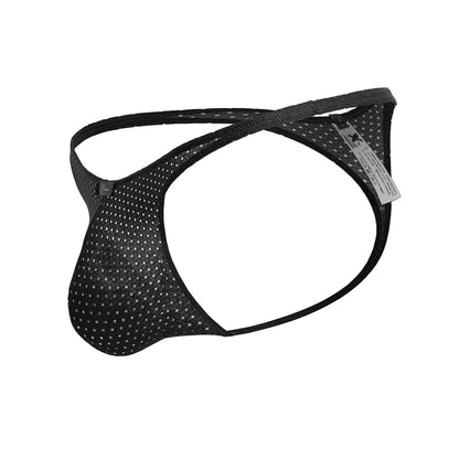 Black xtremen 91214b microfiber thong with silver dot mesh pattern and reinforced elastic straps in front view