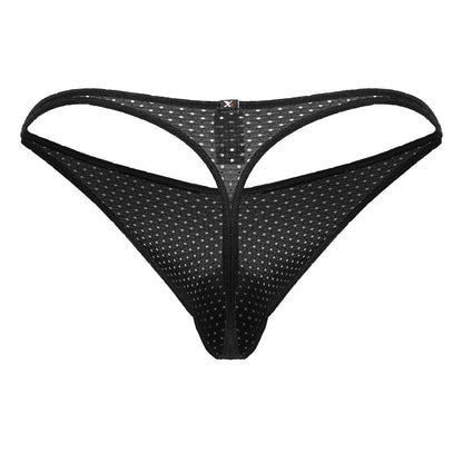 Xtremen 91214B black microfiber thong with white polka dots and central zipper on black mesh fabric front view