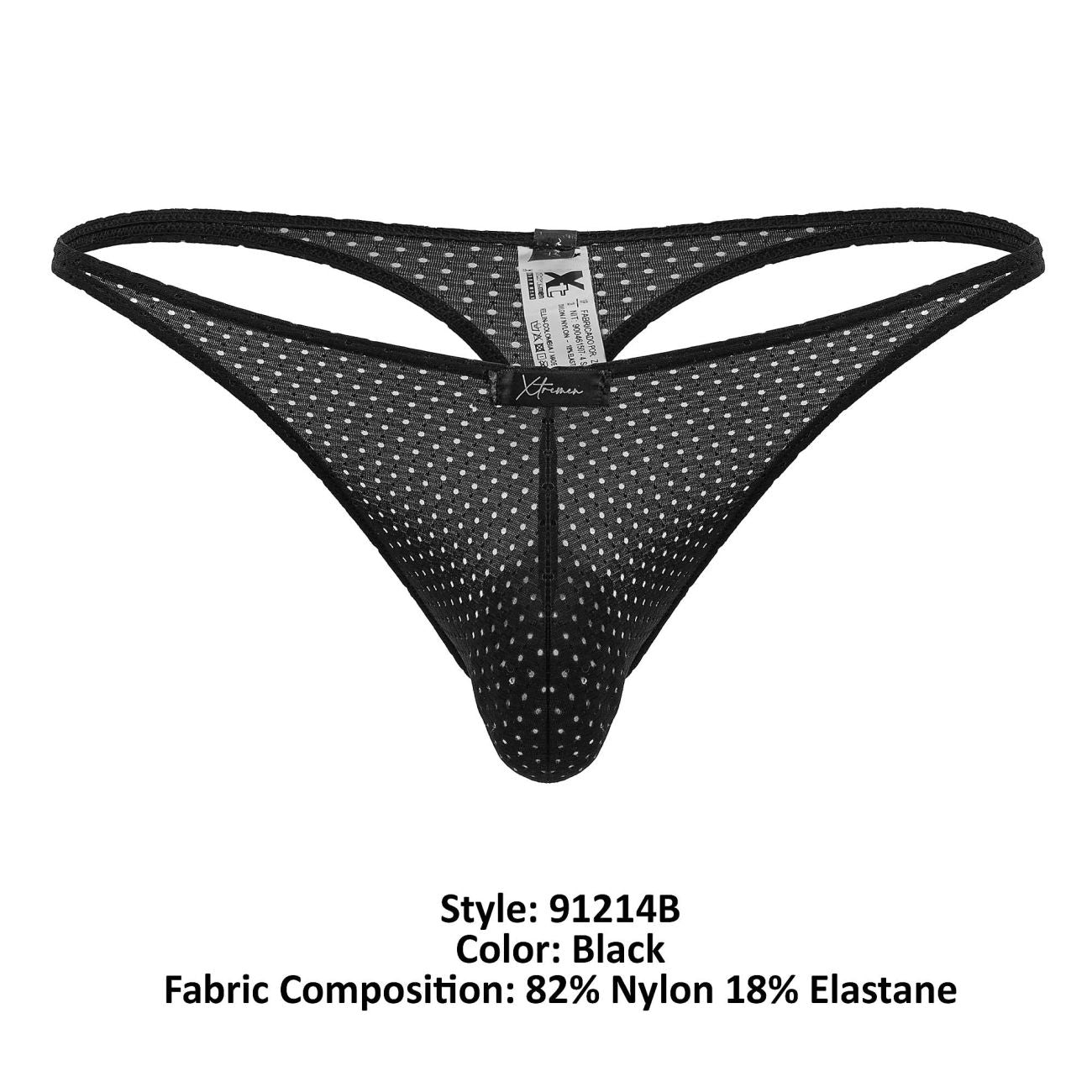 Xtremen 91214B black microfiber thong with white polka dots mesh and central zipper front detail