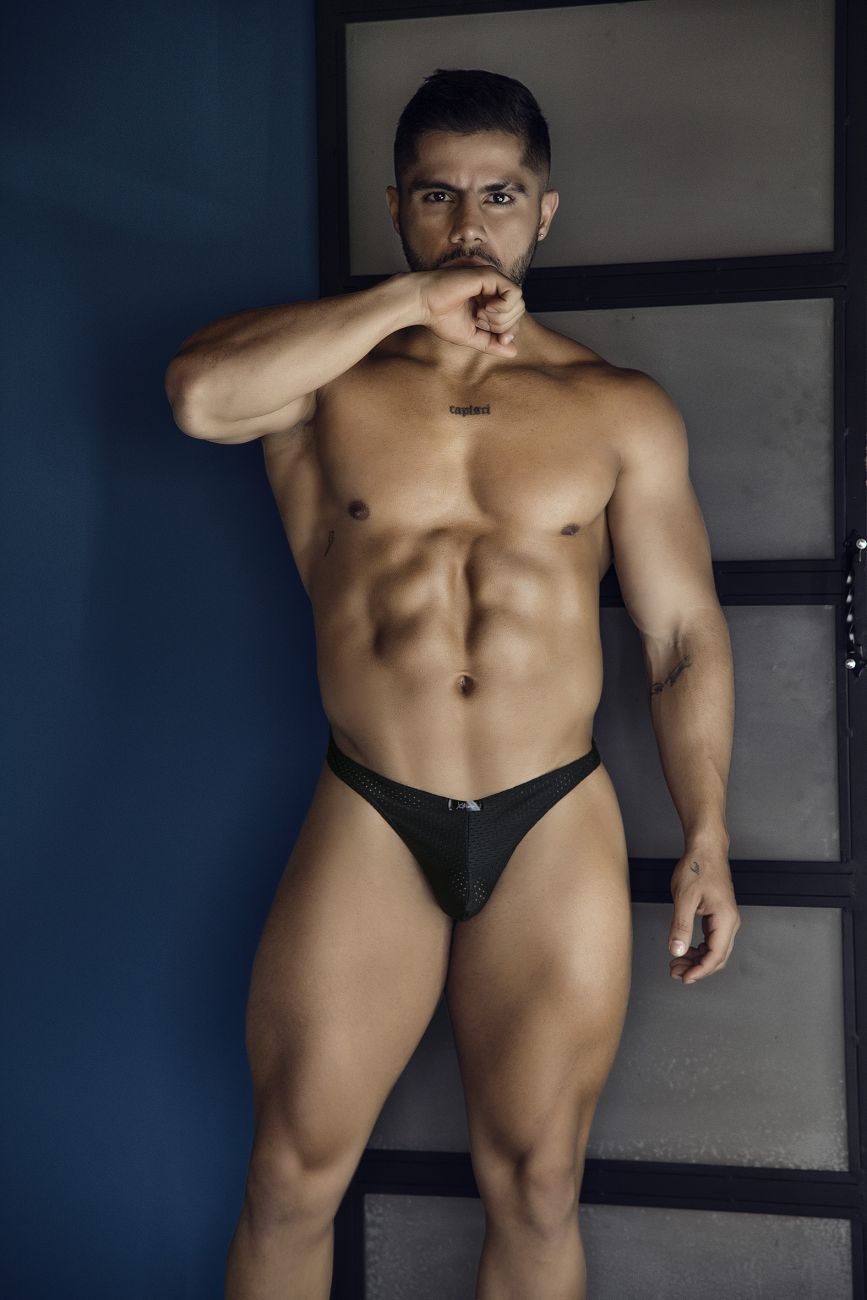 Black microfiber Xtremen 91214B thongs with lace trim subtle pattern and small logo on the front