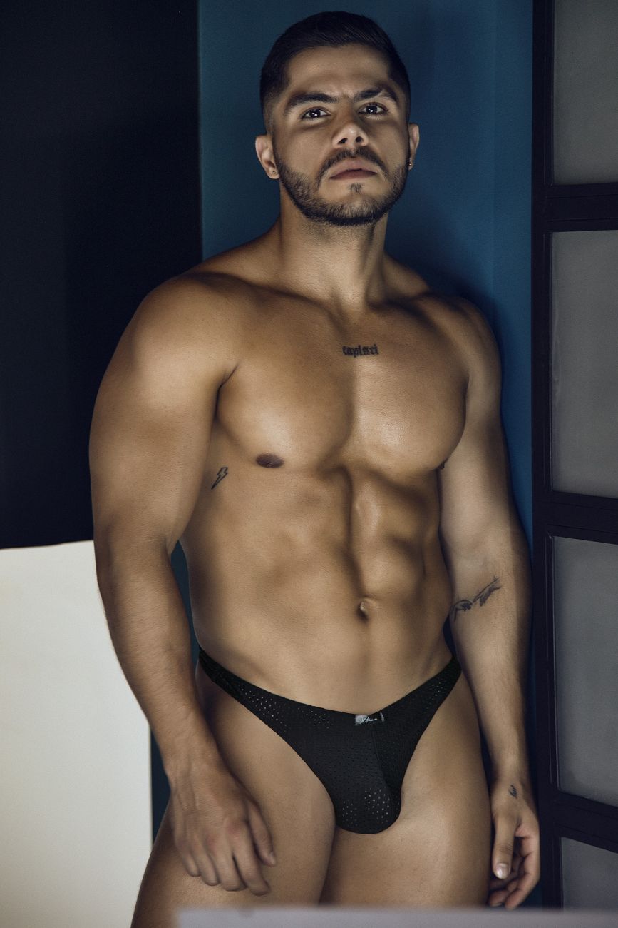 Black xtremen 91214b microfiber thongs with mesh fabric and subtle logo on the waistband, front view