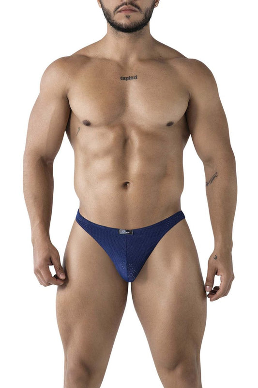 Xtremen 91214b microfiber thongs in dark blue with blue mesh fabric, subtle pattern, and small brand tag on waistband