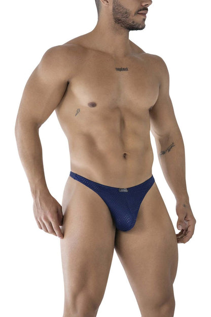 Navy blue Xtremen 91214B microfiber thong with mesh fabric and subtle logo on waistband front view