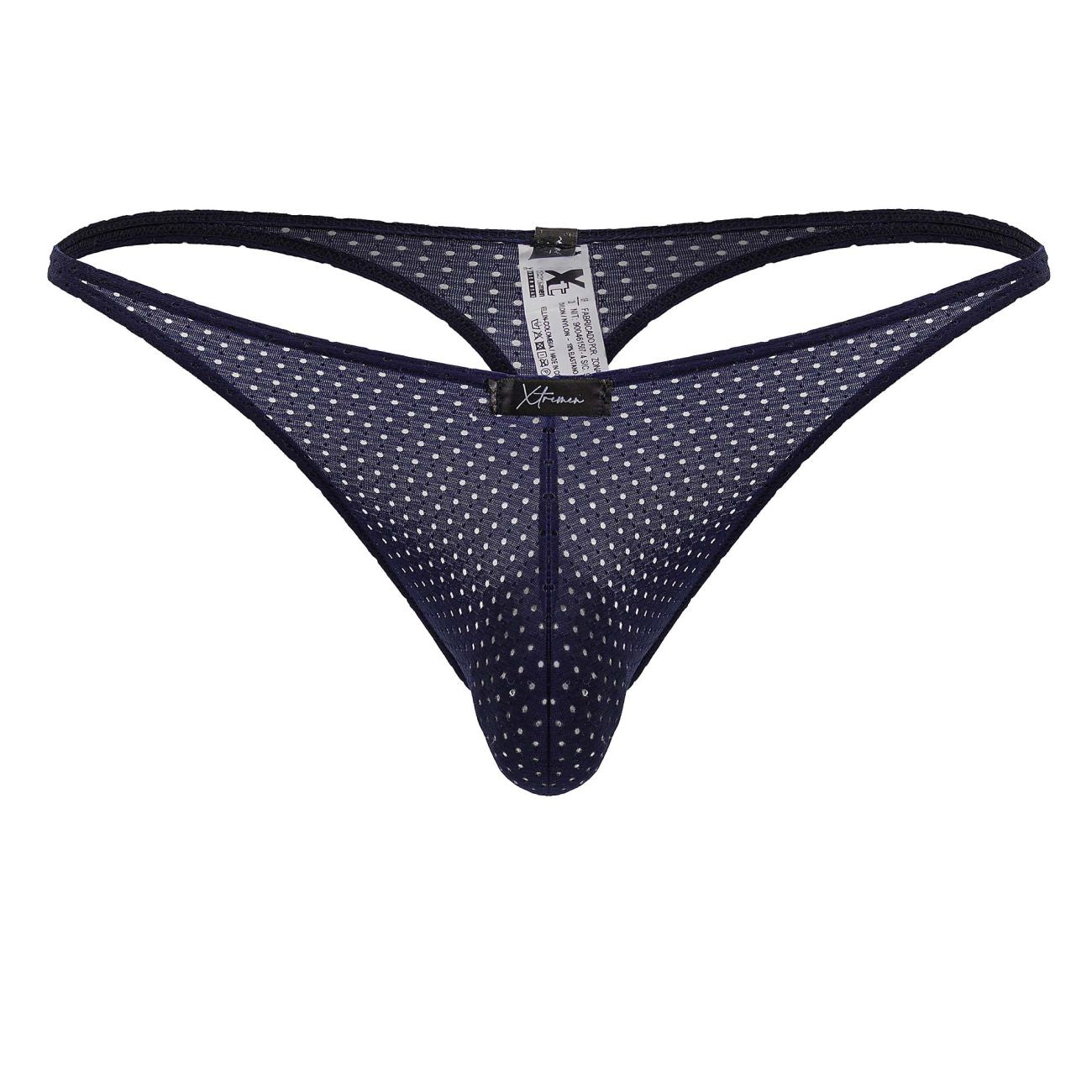 Dark blue xtremen 91214b microfiber thong with white polka dots mesh fabric and black brand tag visible