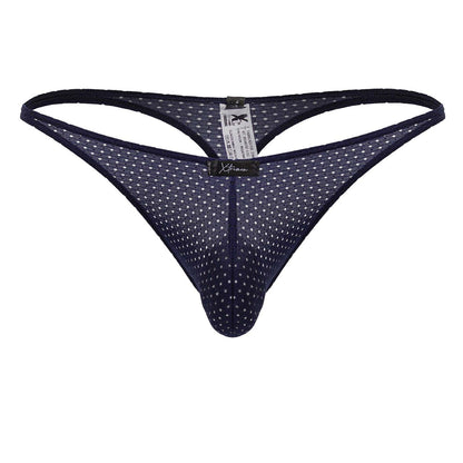 Dark blue xtremen 91214b microfiber thong with white polka dots mesh fabric and black brand tag visible