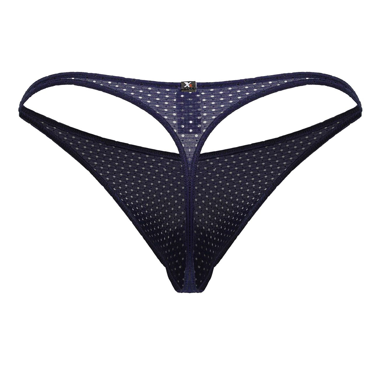 Dark blue microfiber mesh thong with white polka dots and small black logo at the center back by xtremen 91214b