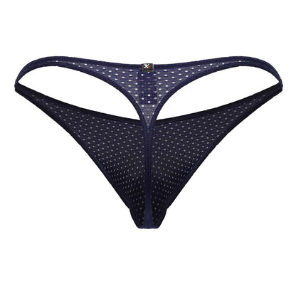 Dark blue microfiber mesh thong with white polka dots and small black logo at the center back by xtremen 91214b