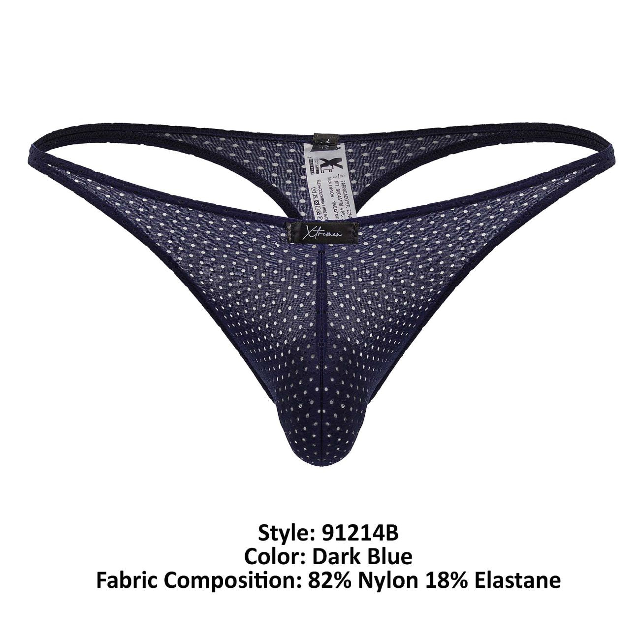 Dark blue Xtremen 91214B microfiber thong with white polka dots mesh and black elastic waistband front view