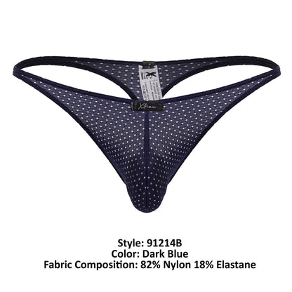 Dark blue Xtremen 91214B microfiber thong with white polka dots mesh and black elastic waistband front view