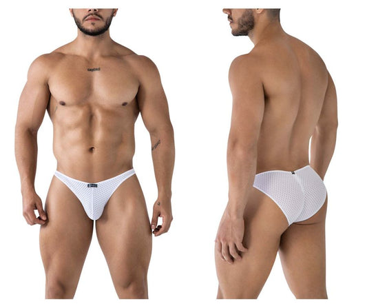 White xtremen 91215b microfiber bikini briefs with a subtle mesh pattern and black brand tag at the waistband