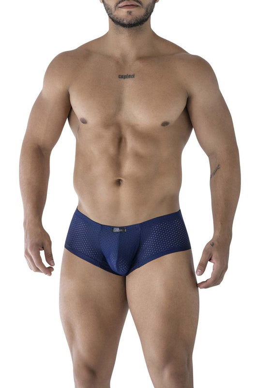 Navy blue perforated mesh men’s briefs xtremen 91216b microfiber trunks dark blue front view