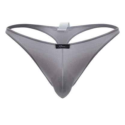 Gray xtremen 91217 microfiber thong with subtle mesh texture and black brand tag at the center front